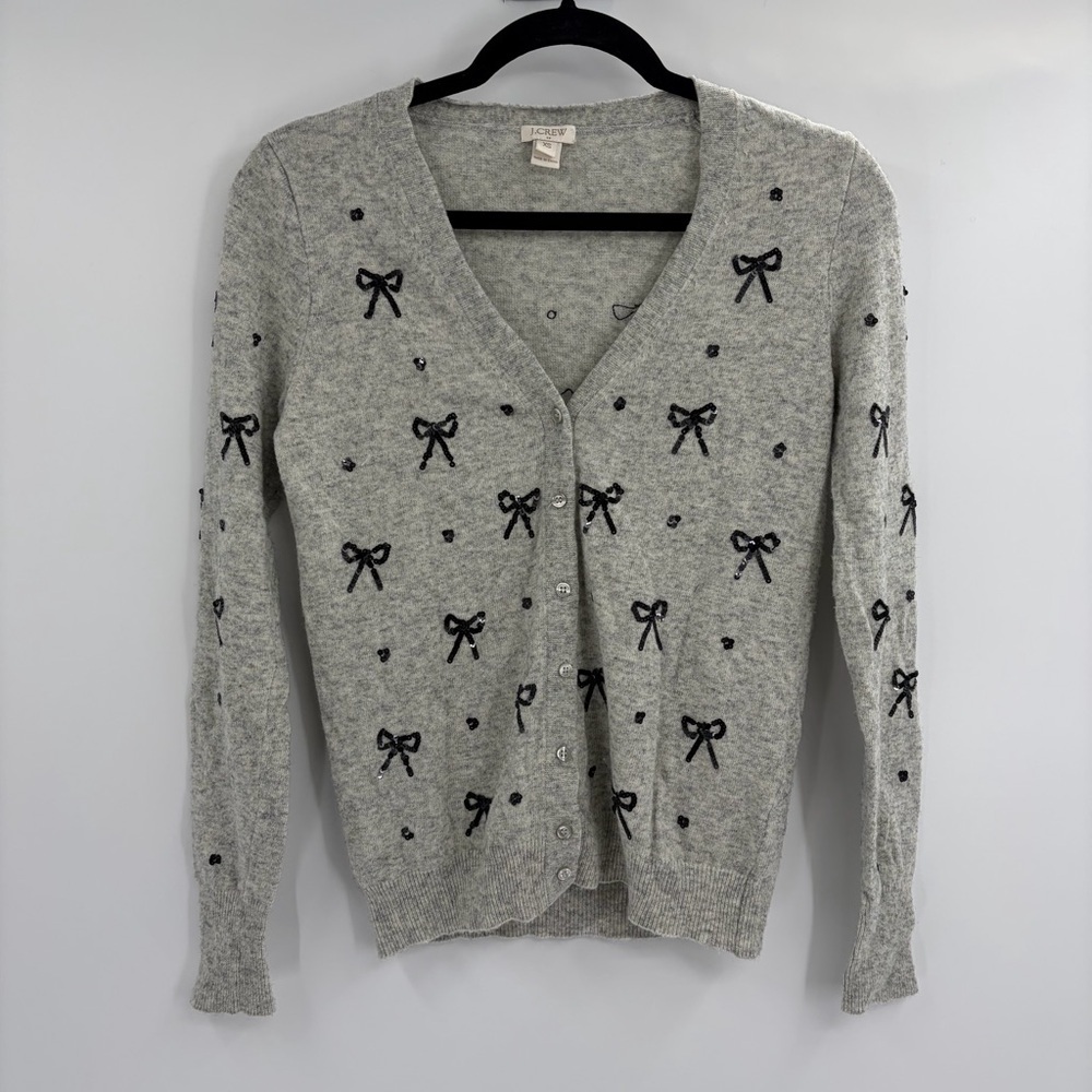 J. Crew merino wool blend grey bow girly indie preppy sweater cardigan size xs
